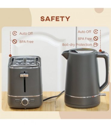 HOMCOM 1.7L 3000W Fast Boil Electric Kettle and 2 Slice Toaster Set, Grey