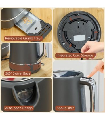 HOMCOM 1.7L 3000W Fast Boil Electric Kettle and 2 Slice Toaster Set, Grey