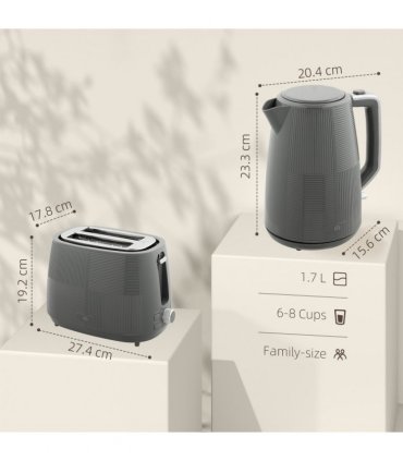 HOMCOM 1.7L Fast Boil Electric Kettle and 2 Slice Water Toaster Set, Grey