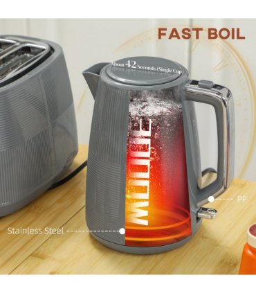 HOMCOM 1.7L Fast Boil Electric Kettle and 2 Slice Water Toaster Set, Grey