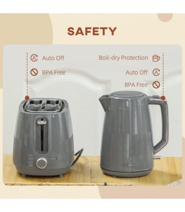 HOMCOM 1.7L Fast Boil Electric Kettle and 2 Slice Water Toaster Set, Grey
