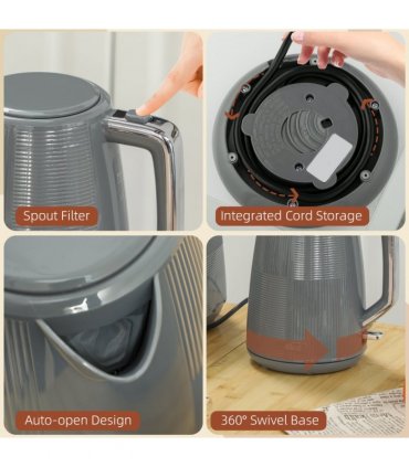HOMCOM 1.7L Fast Boil Electric Kettle and 2 Slice Water Toaster Set, Grey