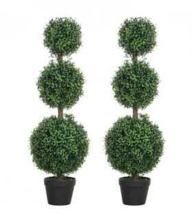 HOMCOM Set of 2 Decorative Artificial Plants Boxwood Trees in Pot, Green