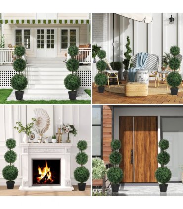 HOMCOM Set of 2 Decorative Artificial Plants Boxwood Trees in Pot, Green