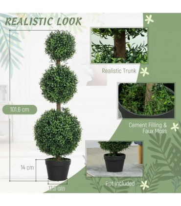 HOMCOM Set of 2 Decorative Artificial Plants Boxwood Trees in Pot, Green