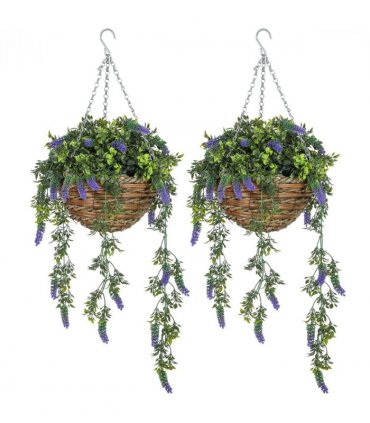 HOMCOM Set of 2 Artificial Plants, Lavender Flowers in Basket, Purple