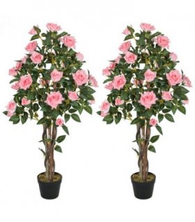 HOMCOM Set of 2 Decorative Artificial Plants Rose Trees in Pot, Pink