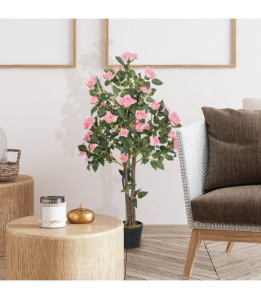 HOMCOM Set of 2 Decorative Artificial Plants Rose Trees in Pot, Pink