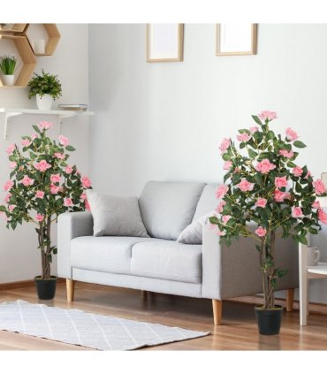 HOMCOM Set of 2 Decorative Artificial Plants Rose Trees in Pot, Pink