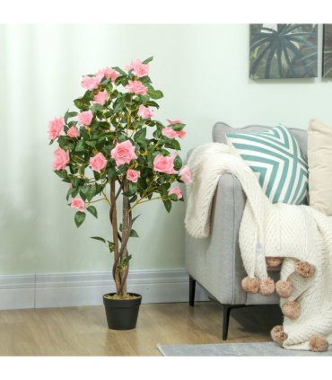 HOMCOM Set of 2 Decorative Artificial Plants Rose Trees in Pot, Pink