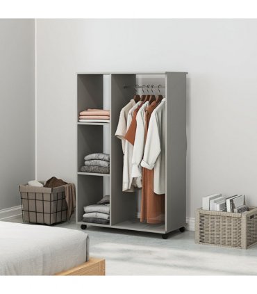 HOMCOM Rolling Open Wardrobe Hanging Rail Storage Shelves for Clothes, Grey
