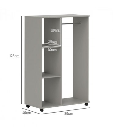 HOMCOM Rolling Open Wardrobe Hanging Rail Storage Shelves for Clothes, Grey