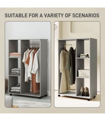 HOMCOM Rolling Open Wardrobe Hanging Rail Storage Shelves for Clothes, Grey