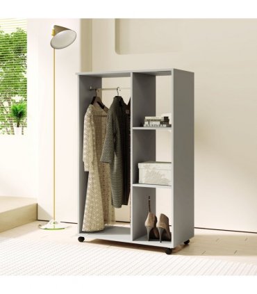 HOMCOM Rolling Open Wardrobe Hanging Rail Storage Shelves for Clothes, Grey