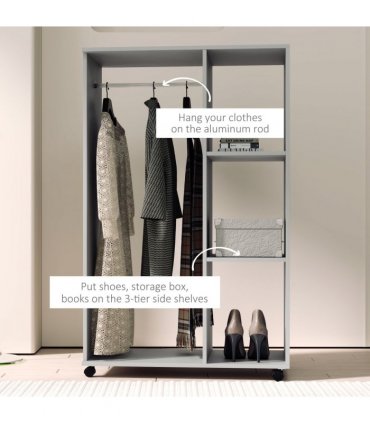 HOMCOM Rolling Open Wardrobe Hanging Rail Storage Shelves for Clothes, Grey