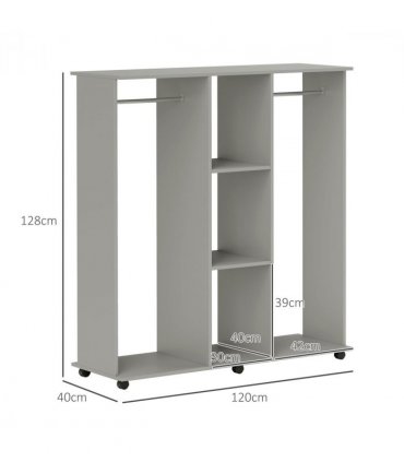 HOMCOM Mobile Double Open Wardrobe w/ Clothes Hanging Rail Clothing Grey