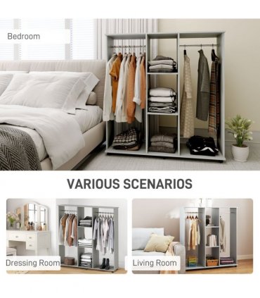 HOMCOM Mobile Double Open Wardrobe w/ Clothes Hanging Rail Clothing Grey