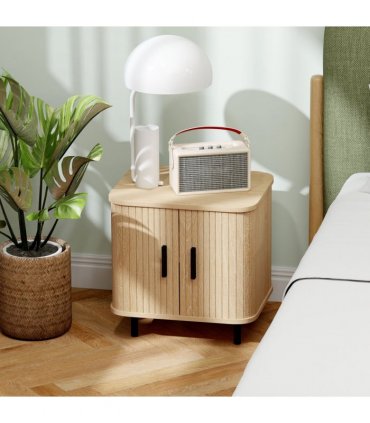 HOMCOM Nightstand with Sliding Doors and Metal Legs for Bedroom Oak Tone