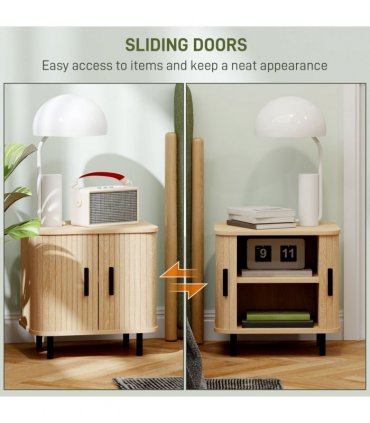 HOMCOM Nightstand with Sliding Doors and Metal Legs for Bedroom Oak Tone