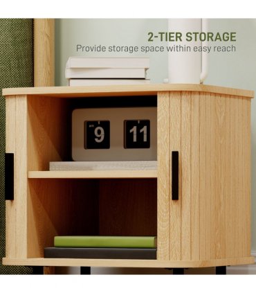 HOMCOM Nightstand with Sliding Doors and Metal Legs for Bedroom Oak Tone