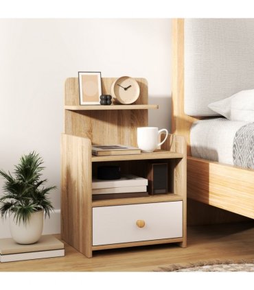 HOMCOM Bedside Table with Drawer for Bedroom, Living Room, Natural Wood Effect