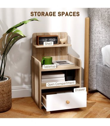 HOMCOM Bedside Table with Drawer for Bedroom, Living Room, Natural Wood Effect