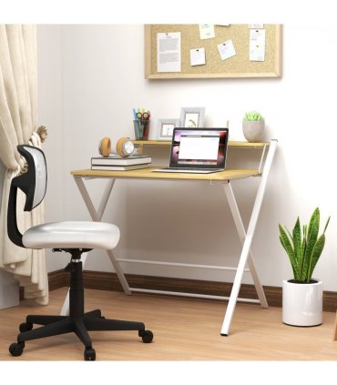 HOMCOM Folding Desk with 2-Tier Shelf for Home Office, Maple Wood-effect