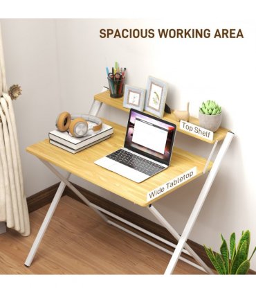 HOMCOM Folding Desk with 2-Tier Shelf for Home Office, Maple Wood-effect