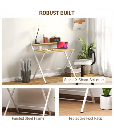 HOMCOM Folding Desk with 2-Tier Shelf for Home Office, Maple Wood-effect