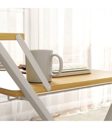 HOMCOM Folding Desk with 2-Tier Shelf for Home Office, Maple Wood-effect