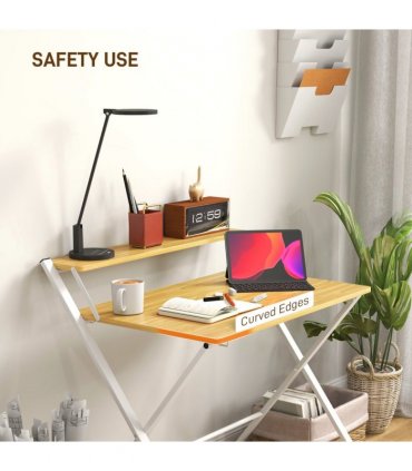 HOMCOM Folding Desk with 2-Tier Shelf for Home Office, Maple Wood-effect