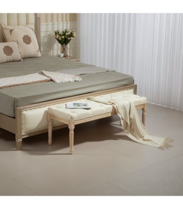 HOMCOM End of Bed Bench Upholstered Foot Stool Linen-Touch Ottoman Cream