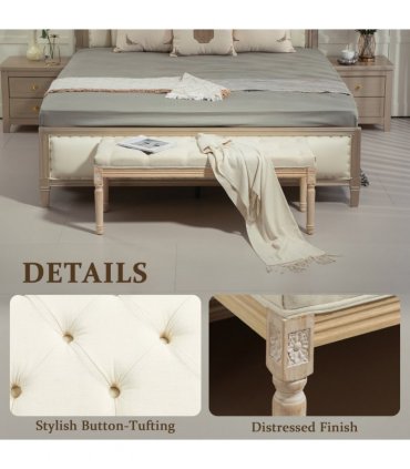 HOMCOM End of Bed Bench Upholstered Foot Stool Linen-Touch Ottoman Cream