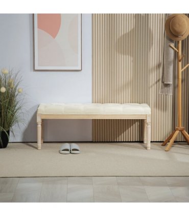 HOMCOM End of Bed Bench Upholstered Foot Stool Linen-Touch Ottoman Cream