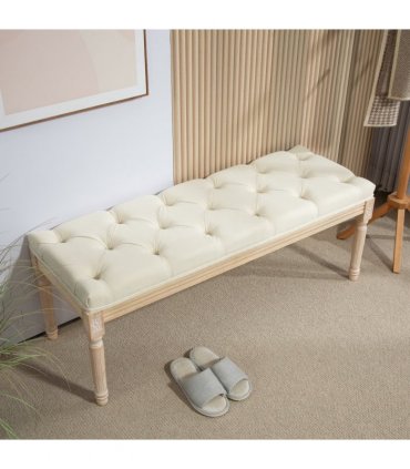 HOMCOM End of Bed Bench Upholstered Foot Stool Linen-Touch Ottoman Cream