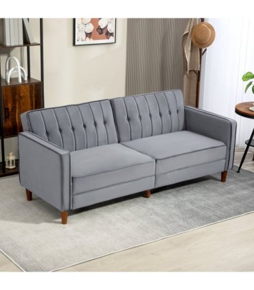 HOMCOM Convertible Sofa Futon Velvet-Touch Tufted Couch Sofa Bed Dark Grey