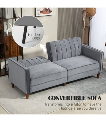HOMCOM Convertible Sofa Futon Velvet-Touch Tufted Couch Sofa Bed Dark Grey