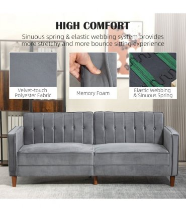 HOMCOM Convertible Sofa Futon Velvet-Touch Tufted Couch Sofa Bed Dark Grey