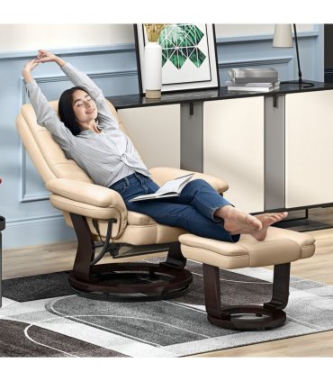 HOMCOM Swivel Manual Recliner and Footrest Set PU Leather Lounge Chair Beige