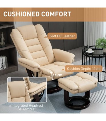 HOMCOM Swivel Manual Recliner and Footrest Set PU Leather Lounge Chair Beige