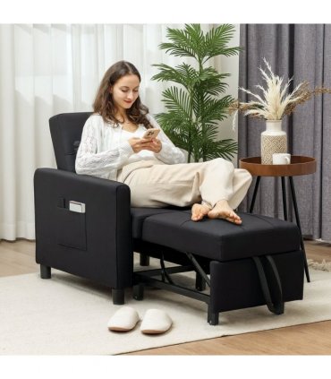 HOMCOM Folding Chair Bed, Sleeper Chair with Pillow, Side Pockets, Black