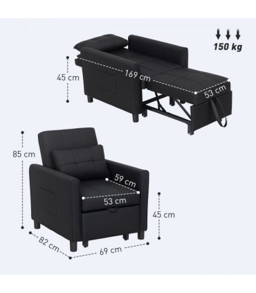 HOMCOM Folding Chair Bed, Sleeper Chair with Pillow, Side Pockets, Black