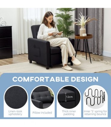 HOMCOM Folding Chair Bed, Sleeper Chair with Pillow, Side Pockets, Black