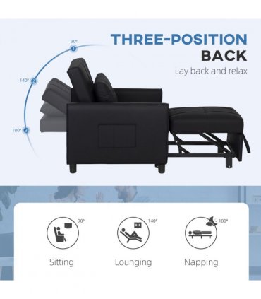 HOMCOM Folding Chair Bed, Sleeper Chair with Pillow, Side Pockets, Black