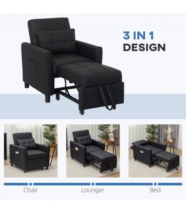 HOMCOM Folding Chair Bed, Sleeper Chair with Pillow, Side Pockets, Black