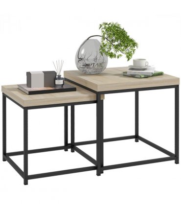 HOMCOM Coffee Table Set of 2, Nest of Tables with 3.5cm Thick Tabletop, Oak