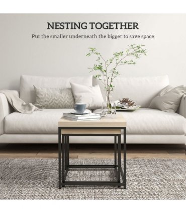 HOMCOM Coffee Table Set of 2, Nest of Tables with 3.5cm Thick Tabletop, Oak