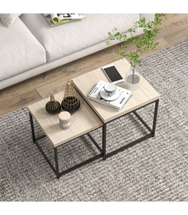 HOMCOM Coffee Table Set of 2, Nest of Tables with 3.5cm Thick Tabletop, Oak
