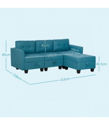 HOMCOM Convertible Modular Sectional Sofa w/ Storage Wood Frame Light Blue