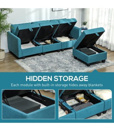 HOMCOM Convertible Modular Sectional Sofa w/ Storage Wood Frame Light Blue